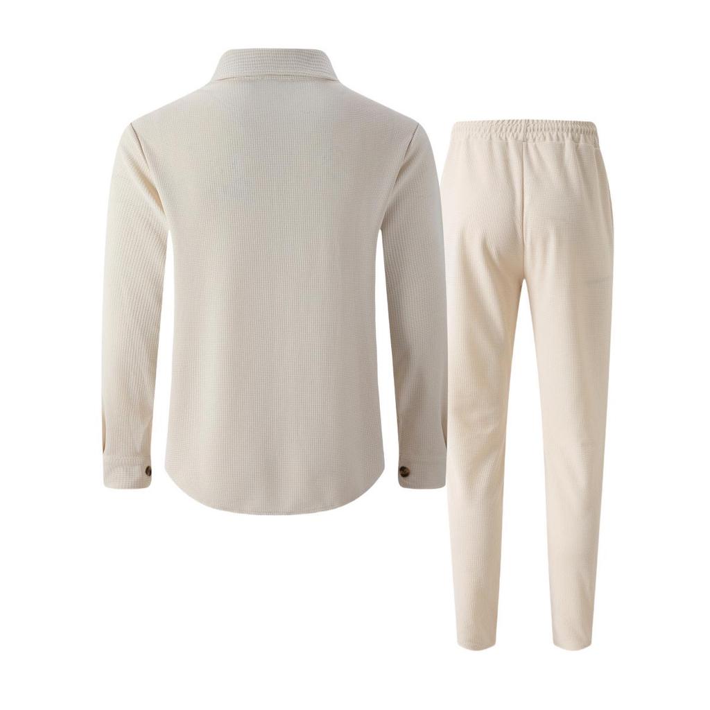 European & American Autumn Waffle Long Sleeve Two-Piece Cardigan Set with Double Pocket.