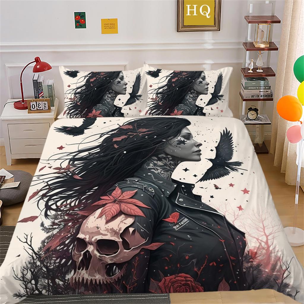 3D Beauty Skull Head Bedding Set Motorcycle Beauty Print Bedroom Decoration Quilt Cover and Pillow Cover 2/3 Pieces White Background Home Decoration