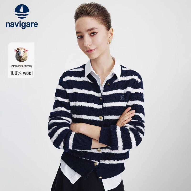 Navigare Women's Striped Crew Neck Knit Cardigan