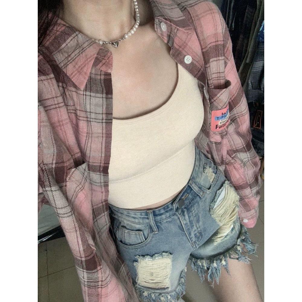 

Женская американская ретро клетчатая куртка: Кардиган в гонконгском стиле, свободного кроя, стройнящий, для весны и осени L розовый