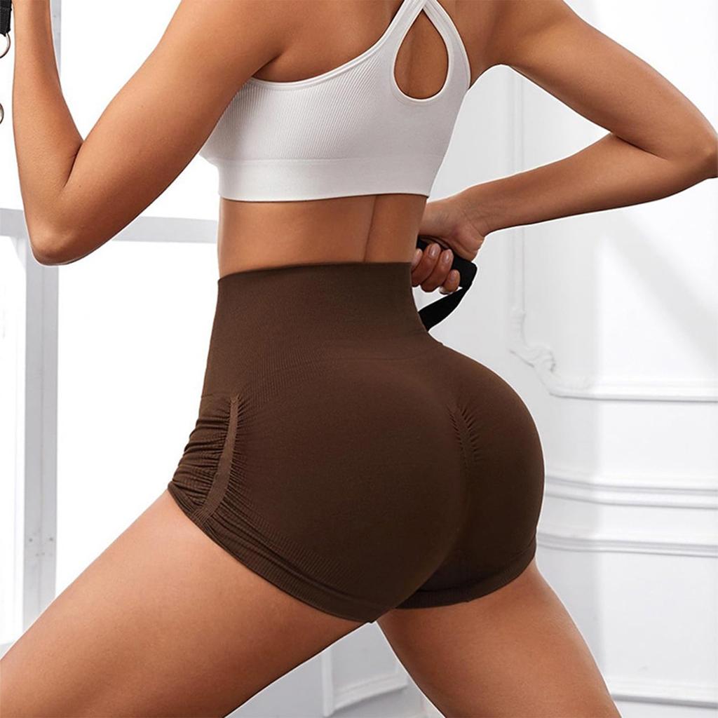 Women's Fashion Solid Color Wrinkled Hip Lifting Yoga Shorts Quick Drying Breathable Sports Fitness Tight High Waist Three Part Yoga Shorts