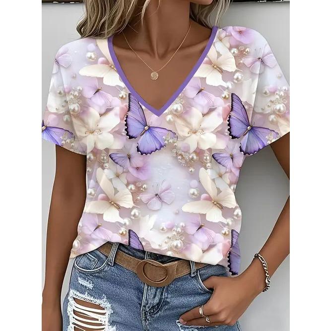 Summer V-neck 3D Flower Themed Pattern Printed Top Fashionable Casual Short Sleeved Women's T-shirts
