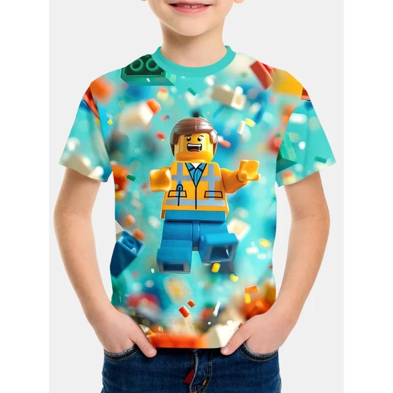 Söt tecknad djurmönster tryck Sommar Rund hals Barn Kortärmad T-shirt Bekväm Trendig Pojkars T-shirt