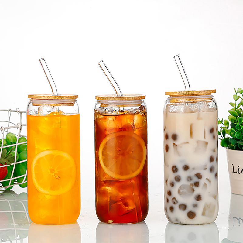 16Oz Glasbecher mit Deckel und transparentem Strohhalm Bubble Tea Cup Glas Bierdose Milch Mokka Tassen Set Frühstücksbecher Trinkgeschirr