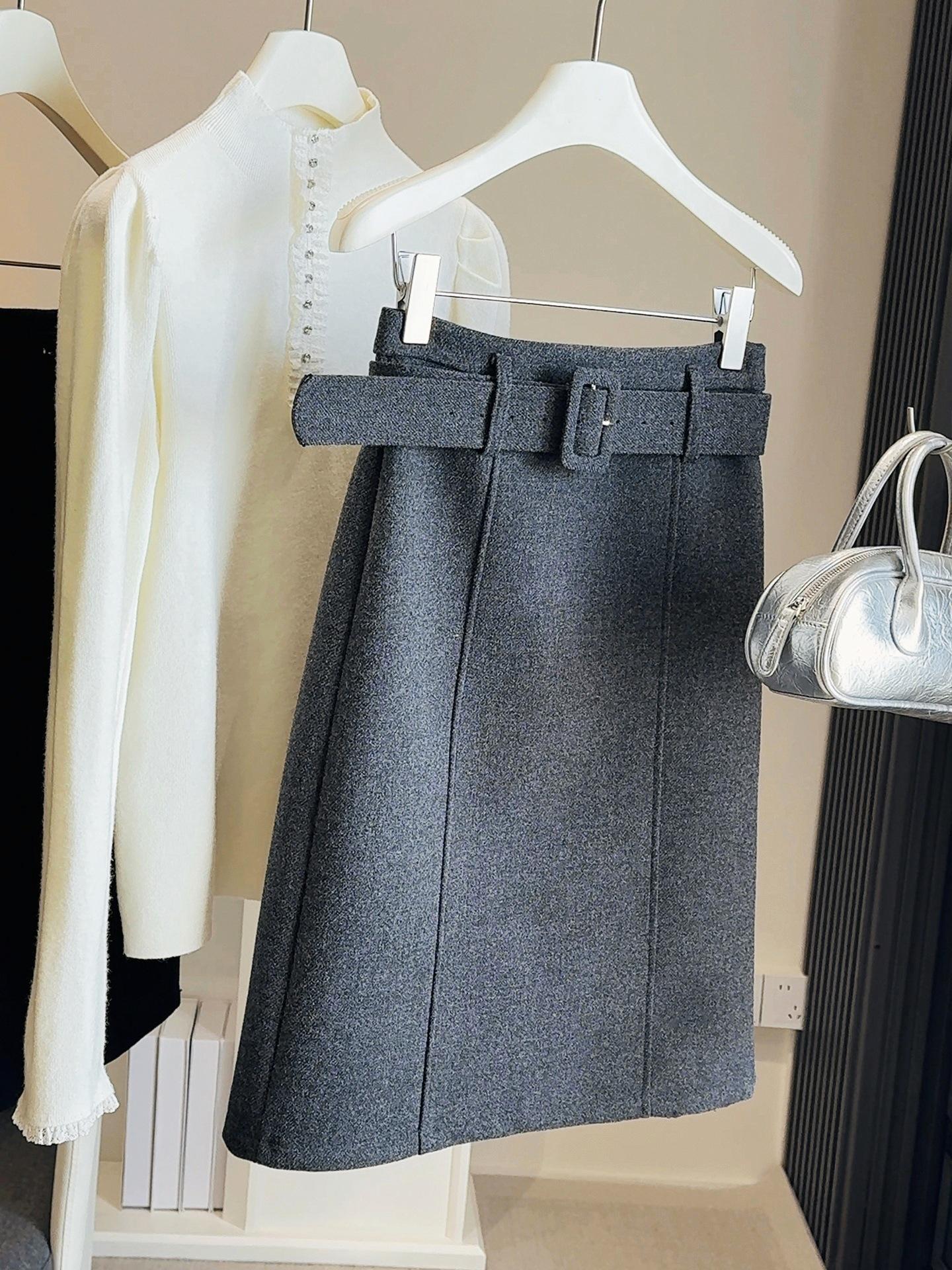 2025 Autumn/Winter Women s High-End Korean Grey Woolen Hip-Hugging Mid Skirt Large