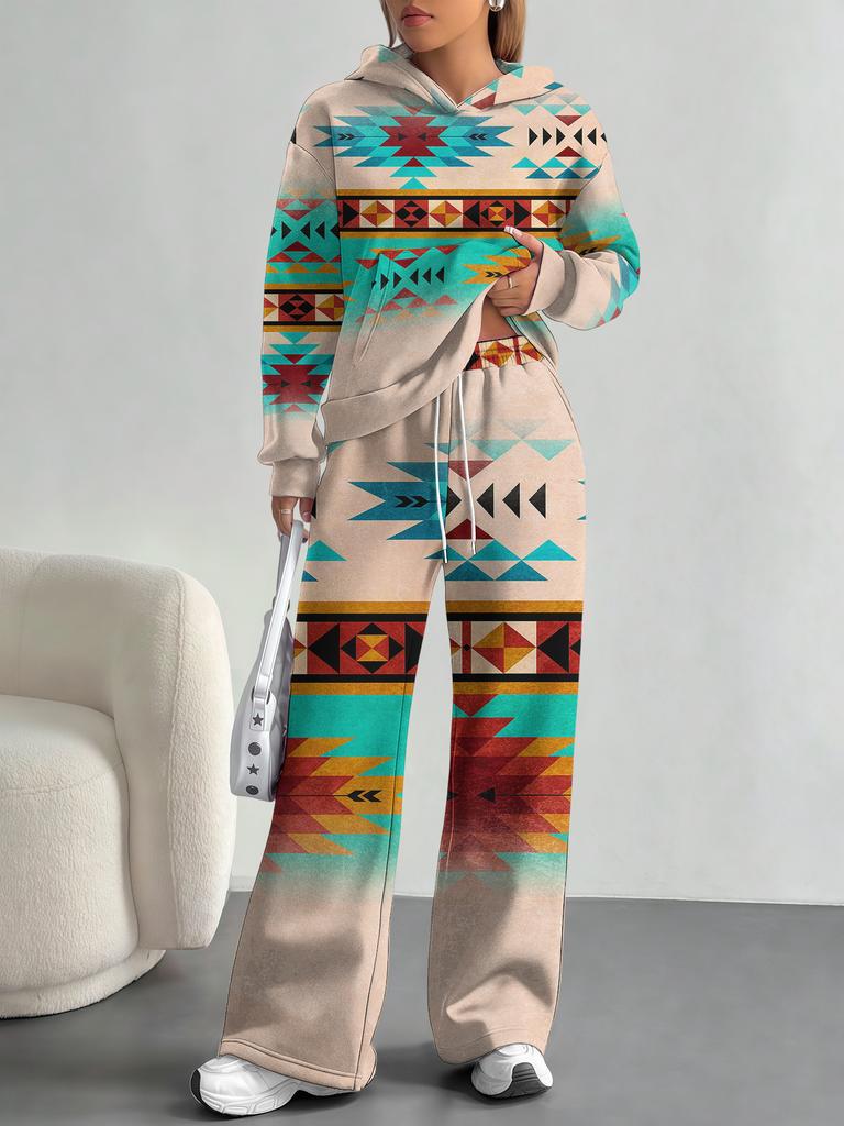 European And American Autumn And Winter Casual Long-Sleeved Suit Women'S Bohemian Hooded Sweater Trousers Two-Piece Set