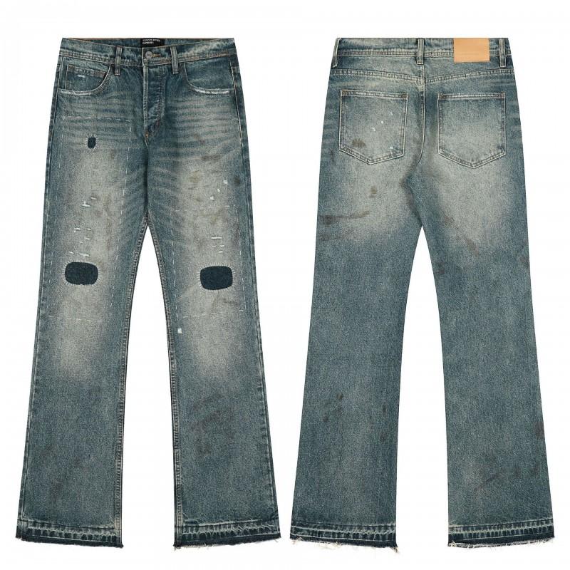 Mens Distressed Straight Fit Denim Jeans With Embroidery Mid-Rise Water Washed Cotton Blend Streetwear Casual Pants