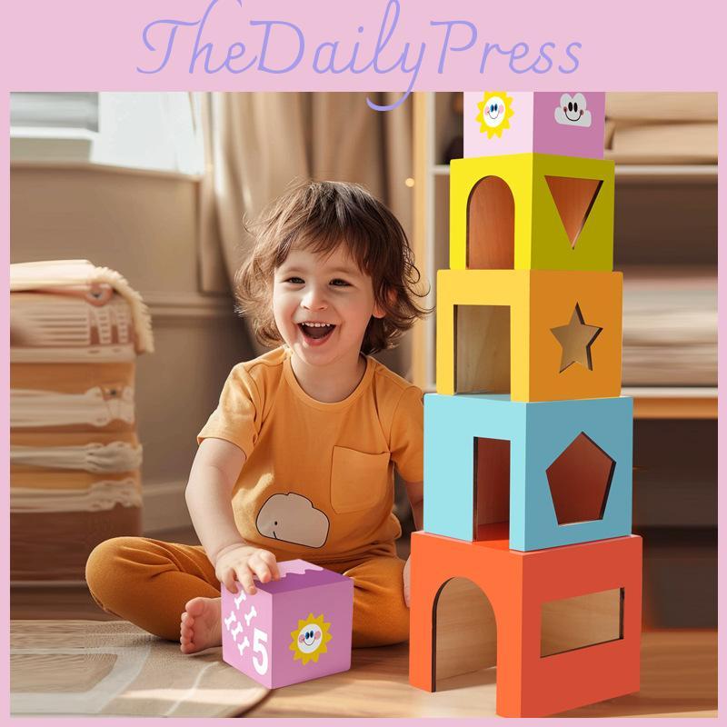Wooden Educational Stacking Blocks Set For Toddlers With Geometric Shapes And Cognitive Play