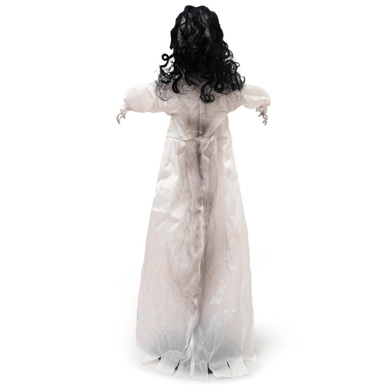 Sound Activated Halloween Figure with Walking Girl Character, White Dress Styling and Red Light Face Detail for Entryway Seasonal Display