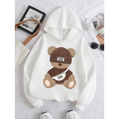 Autumn Casual And Fashionable Children's White Hooded Sweatshirt With Cartoon Bear Patterns, Suitable For Outdoor Outings