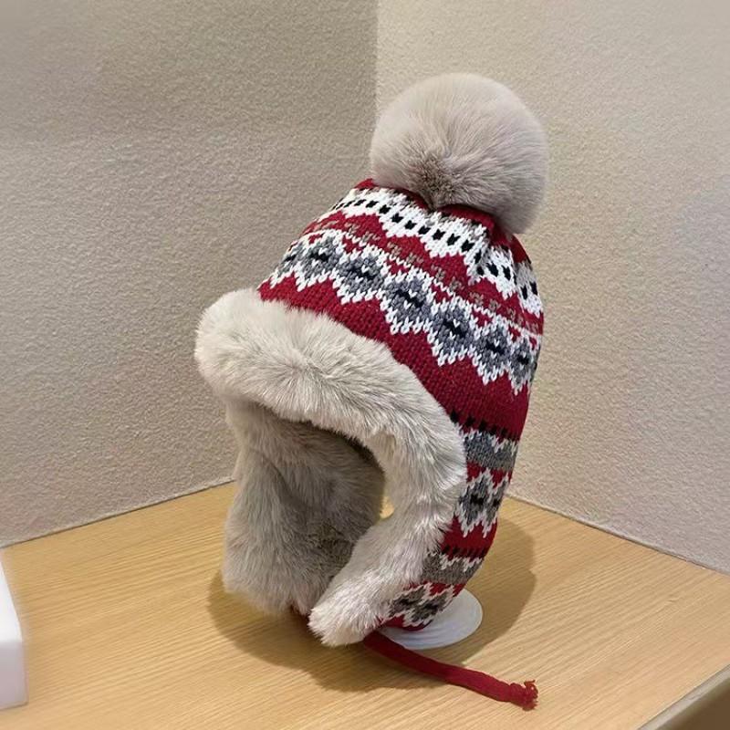 Winter Knit Warm Hat With Ear Flaps Thick Fleece Lined Beanie Women Men Striped Foldable Ski Cap