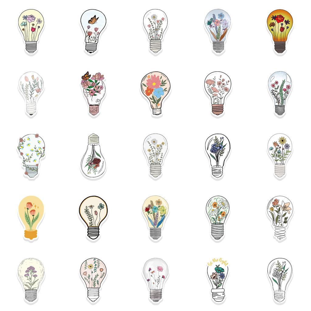 50 Cartoon Light Bulbs Floral Graffiti Stickers Decorate Suitcase Pen Guitar Notebook Waterproof Explosive
