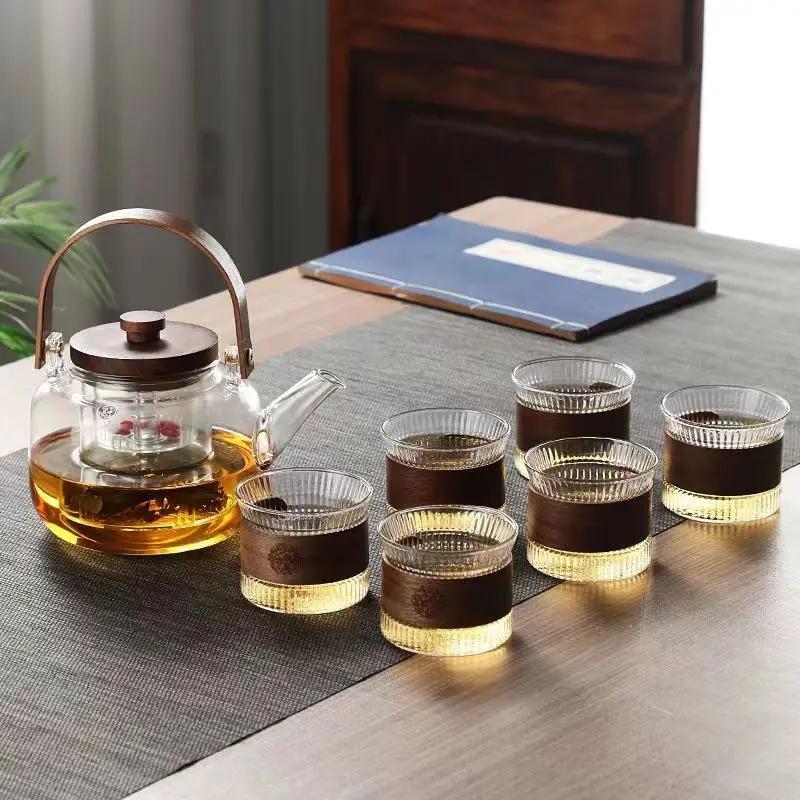 Temperature Resistant Herb Tea, Fruit Boiling Teapot, Household Cooking Integrated Wooden Handle, Glass Vertical Bubble Teapot.