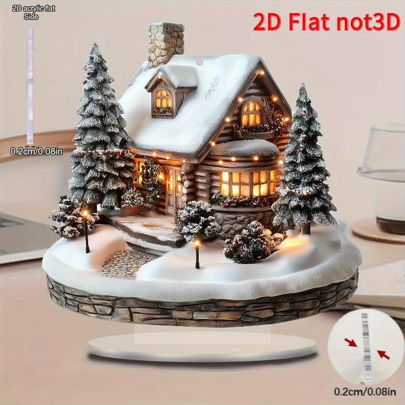 

2D Flat Christmas Cabin Desktop Decoration, Snowy House with Lights, Suitable for wall decoration, porch, room, villa, accents Home, Hallway, or Workp 20*20cm