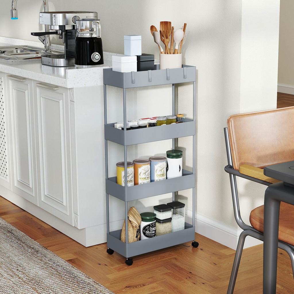 Kitchen Cart with 4 Shelves, 4 Flexible Hooks, 4 Wheels, 40 Cm X 19 Cm X 90 Cm, Narrow Gap Cart, Grey
