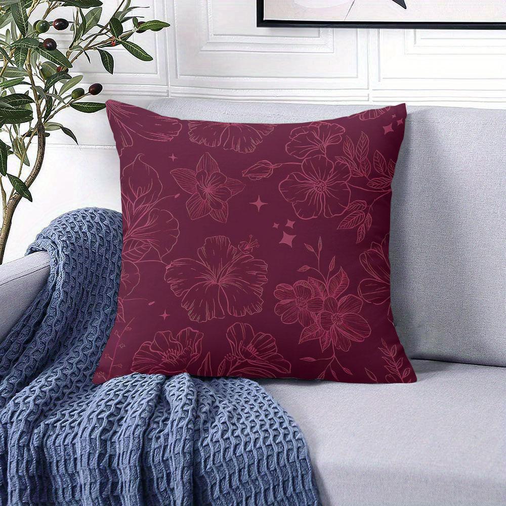 Burgundy Blooms Square Jacquard Pillow Cover for Sofa Office Waist Cushion Cover Home Decorative Pillowcase