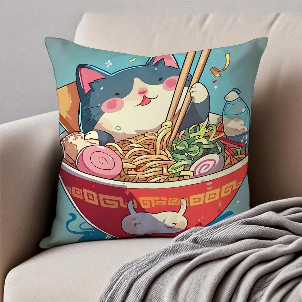 R-Ramen Animal Anime Painting Cushion Cover Pillowcase Anti-Dustmite Invisible Zipper Short Plush Sofa Cushion