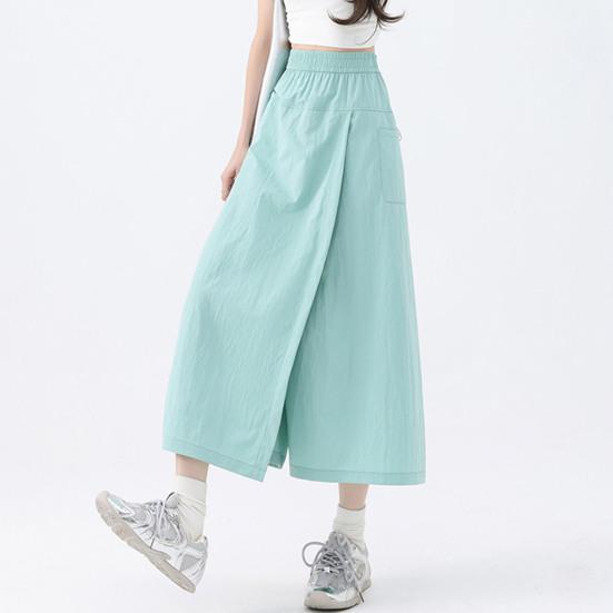 Women Cargo Pants Elastic High Waist Wide-Leg Skirt Pants with Pockets Solid Color Summer Thin Leisure Trousers