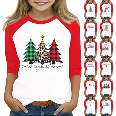Tops For Youth Girls 4-16 Years Round Neck 3/4 Sleeves T-Shirts Trendy Tops Outfit Tees Christmas Day