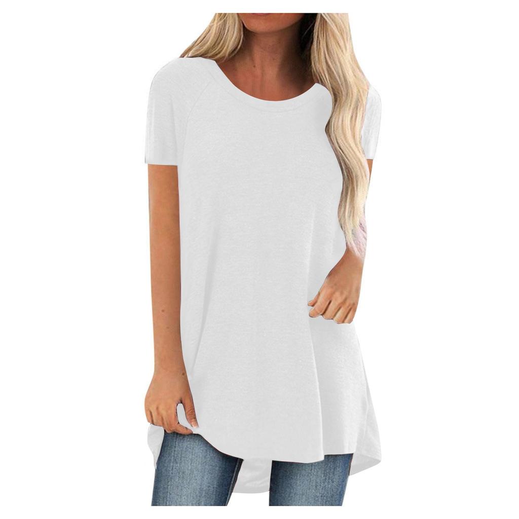 Frauen Mode Plus Größe Rundhals Kurzarm Solide Farben Lange T-shirt Tops