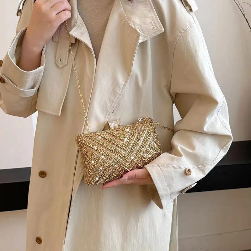 Vintage Style Beading Women Evening Bags Rhinestones Golden Metal Chain Shoulder Clutch Bag Shoulder Chain Lady Luxury Glitter H