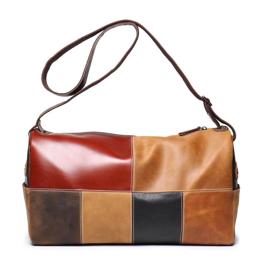 Retro Color Matching Leather Storage Bag Cowhide Business Trip Duffel Bag Large Capacity Shoulder Messenger Travel Bag