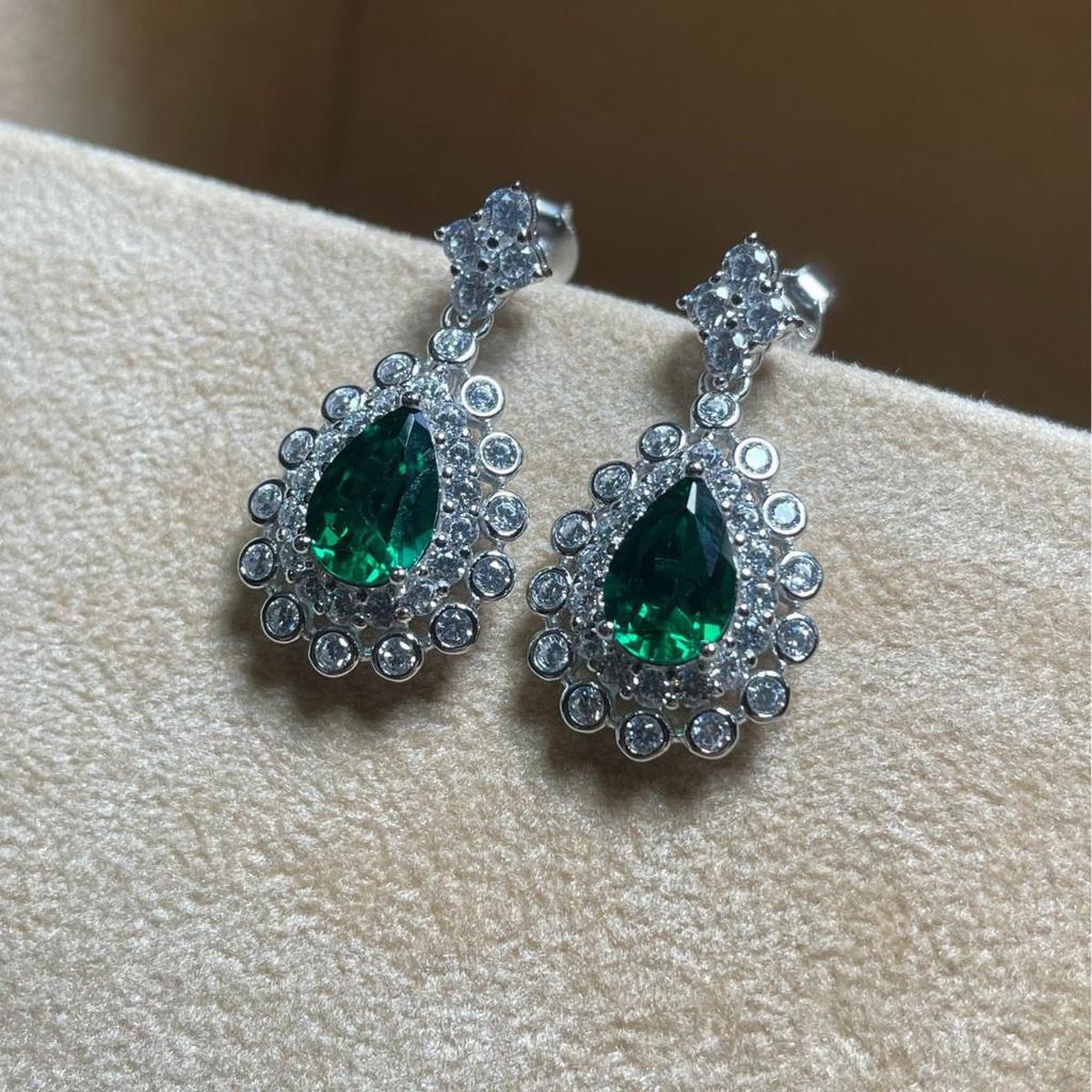 Sterling Silver Water Drop Emerald Earrings - Simple Women's European & American Fashion