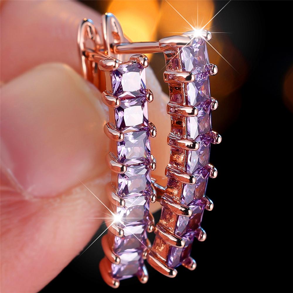 Luxury Female Purple Zircon Stone Hoop Earrings Fashion Rose Gold Color Wedding  For Women