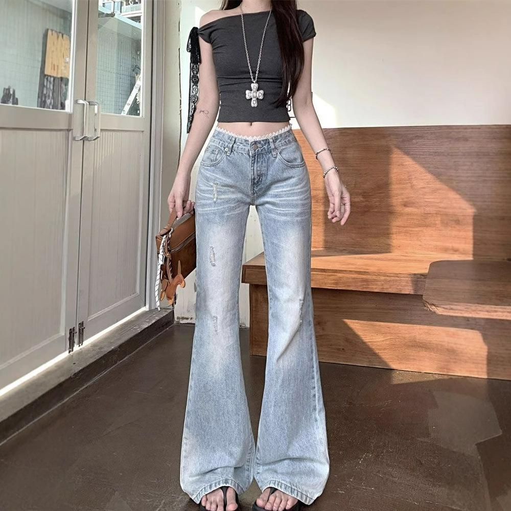 Retro Lace Edge Micro Flare Jeans Women Low Waist Straight Casual Micro Flare Trousers Ins Petite Trousers Jeans for Women Long Denim Pants