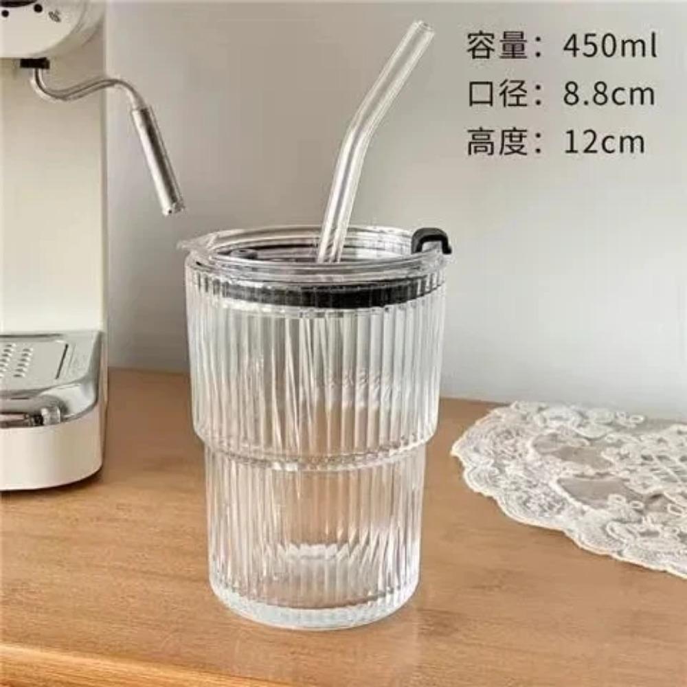 400/450ml Coffee Mug Simple Stripe Glass Cup With Lid and Straw Transparent Bubble Tea Cup Juice Milk Mocha Cups Breakfast Mug