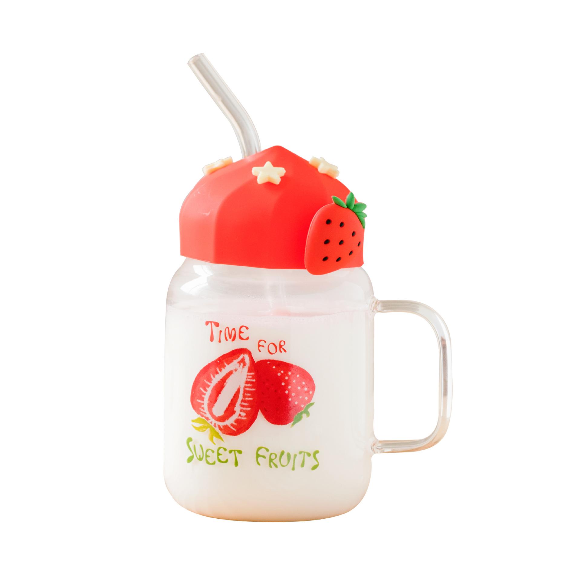 

Beautiful Summer Transparent Fruit High Temperature Glass Cup Cute Large Capacity Cover Straw Student Female Milk Breakfast Cup Office 501-600ml