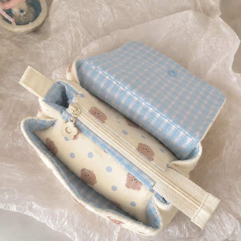 Milk Blue Bear Polka Dot 3-Layer Pencil Case Large Capacity Student Stationery Box Cute Cosmetic Storage Bag