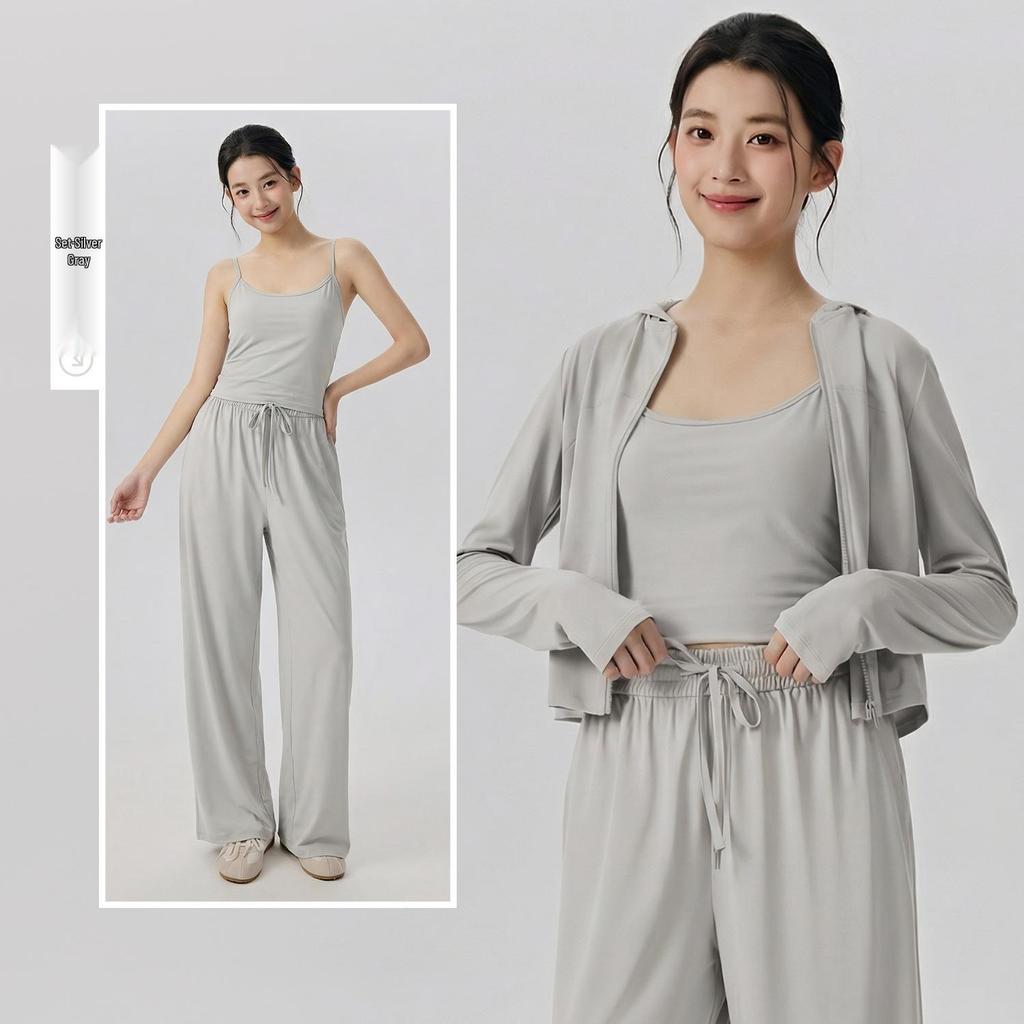 Traje de Yoga de Tres Piezas para Mujer: Conjunto Casual de Pilates y Fitness con Protección Solar