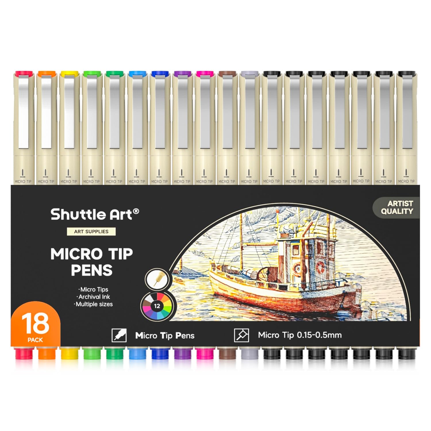 

Shuttle Art Milli Pens, 12 Colors, 18-Piece Set, Water-Based, Extra Fine, 0.15-0.5mm Line Diameter, Perfect for Illustrations, Manga, Sketching, Drawi