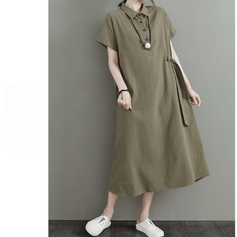 Women's Plain Color Cotton and Linen Lapel Short Sleeved Dress