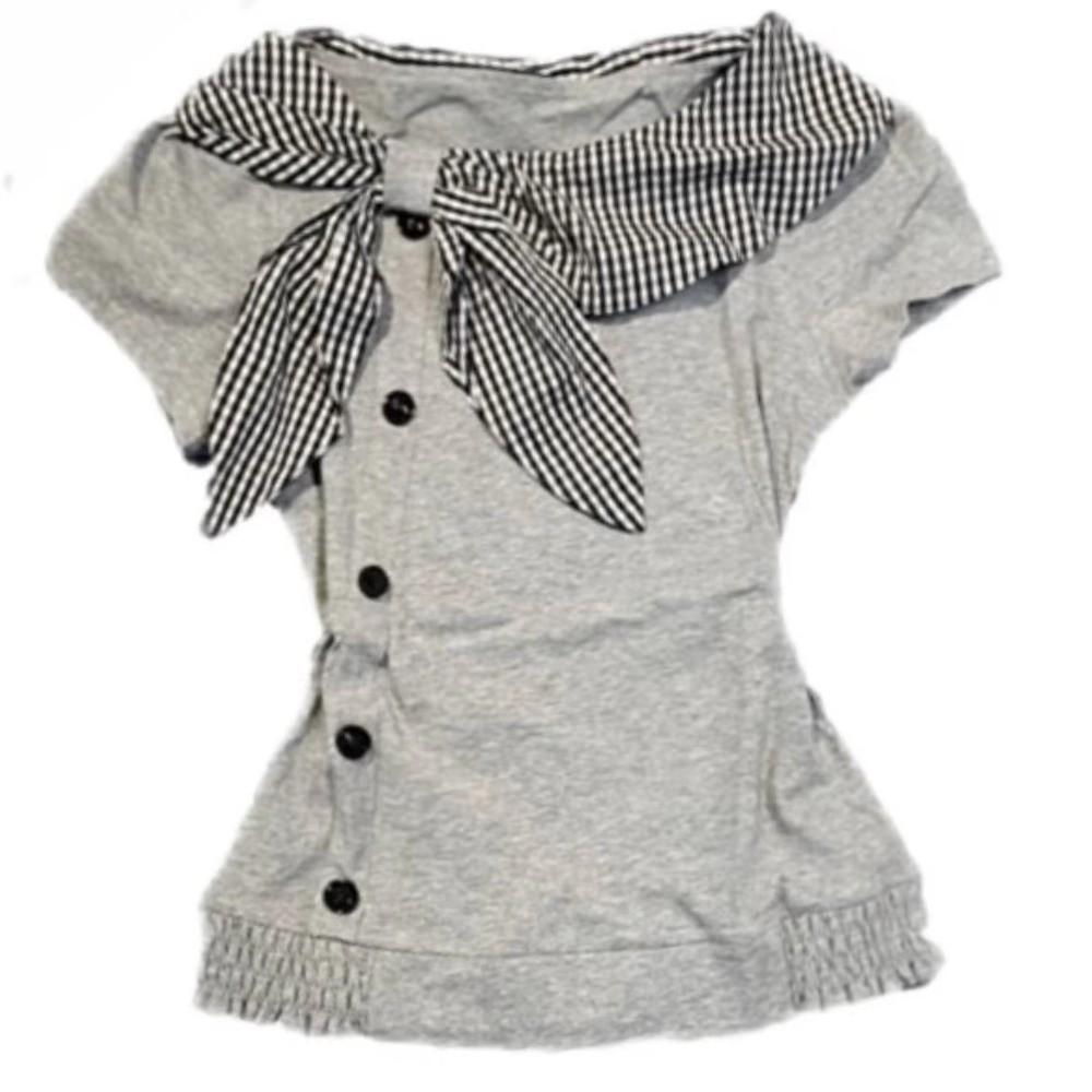 Plaid Pattern Irregular T Shirts Navy Collar Y2K Style T Shirts Sailor Collar Tops  For Women