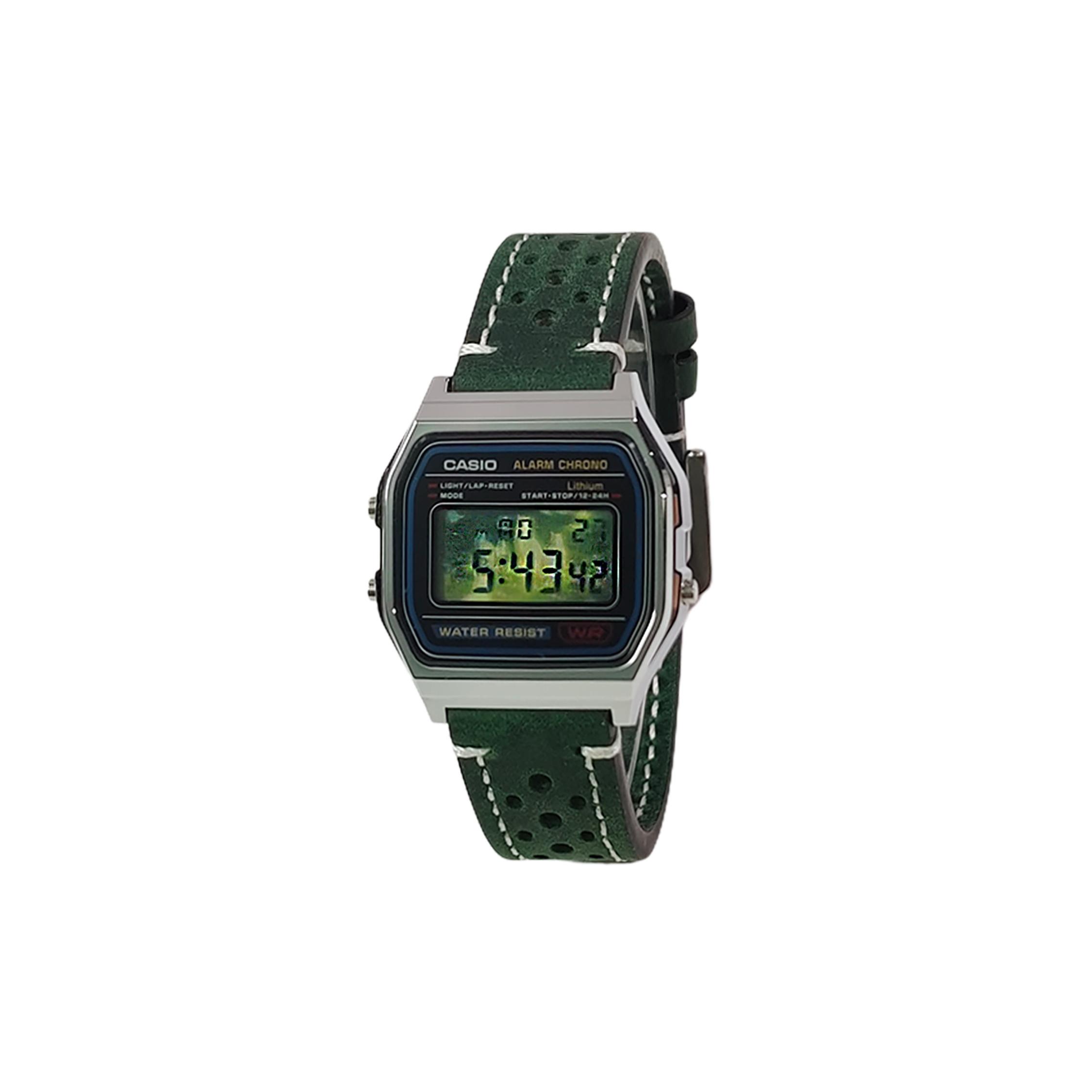 CASIO Custom Collection Quartz Movement Leather Strap Watch Unisex Green Dial A158WA-1(Watch1100--) Green Strap