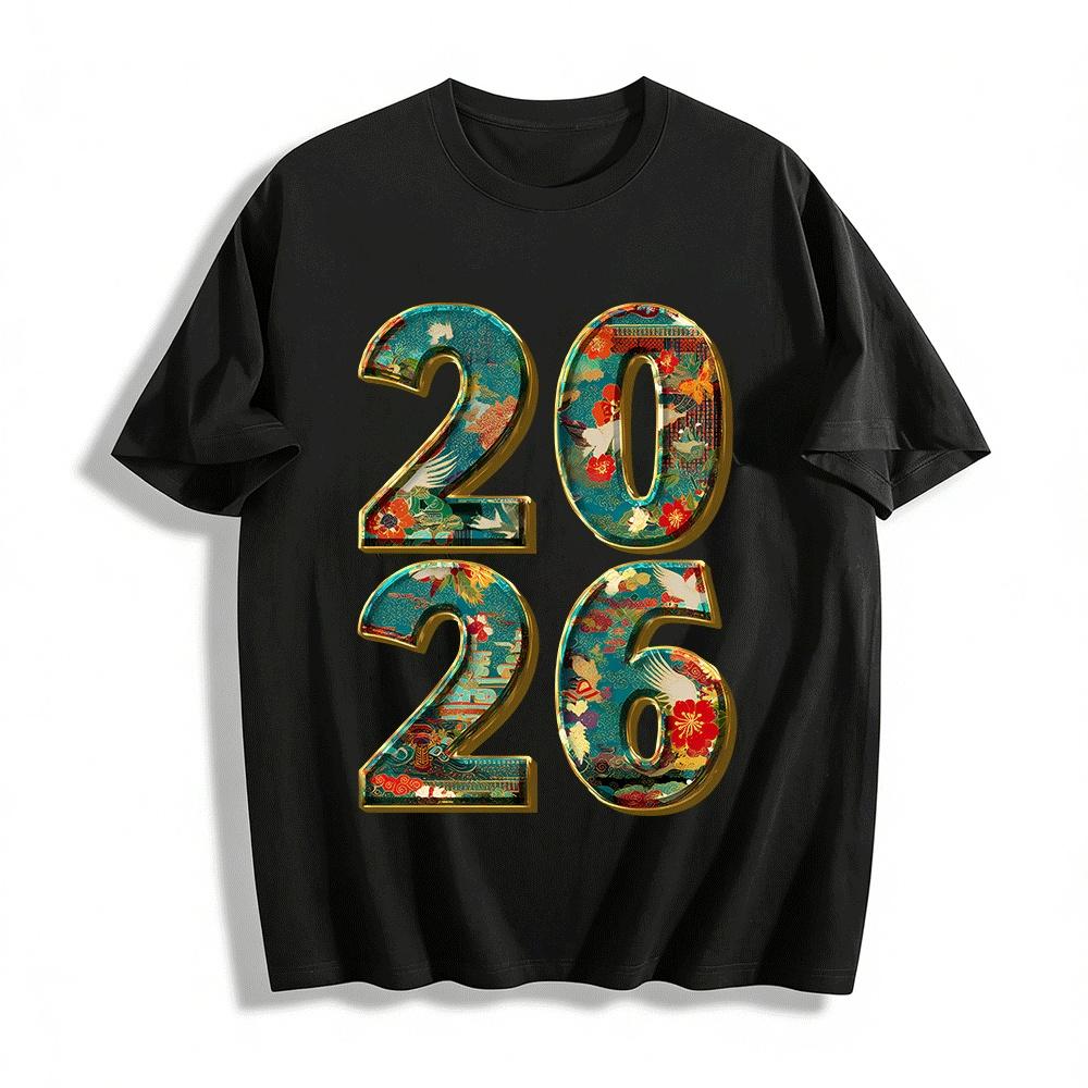

2026 Chinese Style Crane Print New Year Unisex Casual Tee Pure cotton T-shirt 6XL