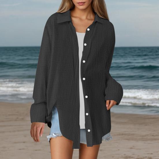 Damesblouse Kraag Lange Mouwen Knoopsluiting Blouses Tops Effen Kleur Losse Pasvorm Makkelijk te Onderhouden Gekreukelde Blouse