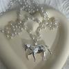 Long Chain Horse Pendant Pearls Necklace Designed for Easy Layering Alongside Other Chains in Fashion Styles
