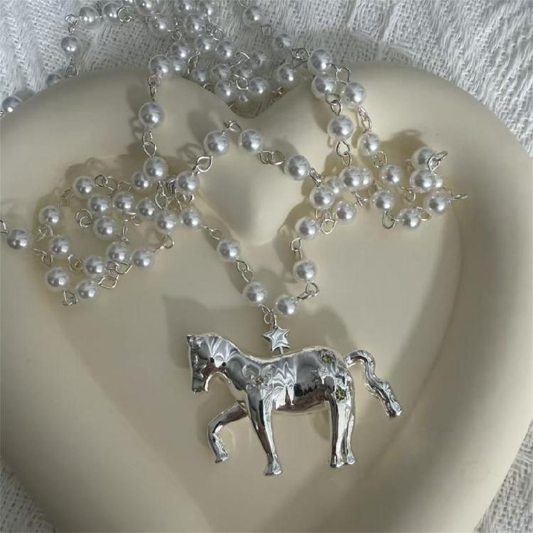 Long Chain Horse Pendant Pearls Necklace Designed for Easy Layering Alongside Other Chains in Fashion Styles