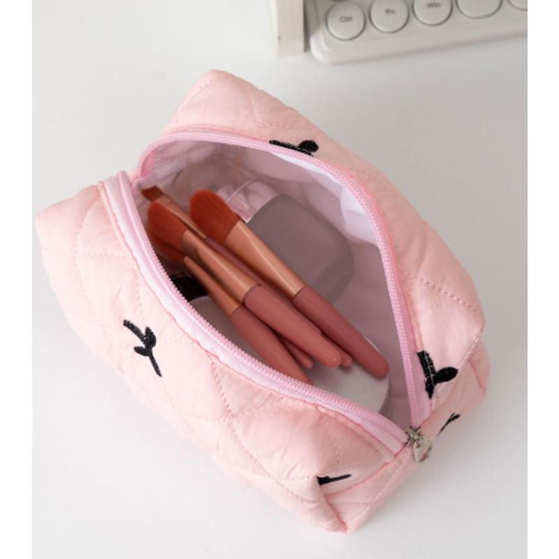 Pretty Bow Design Floral Makeup Bag Large Capacity Portable Cosmetic Storage Bag Cotton Makeup Wash Bag Cosmetic Organizer Pouch