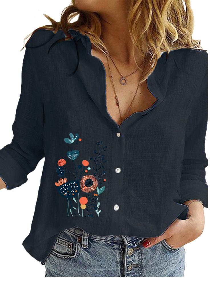 Women Fashion Cotton Linen Blouse Spring&summer Casual Loose Top Ladies Floral Print Long Sleeve Shirt