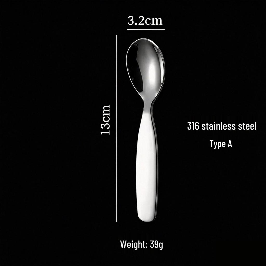 304 Stainless Steel Kids' Cutlery Set: Short-Handled Fork, Soup Spoon, Dessert Spoon, and Baby Spoon with Custom Logo Option.