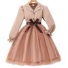 Girls' Long-Sleeved Dress, 7-12 Years Lace Collar Solid Colour Mesh Dress with Knitted Waistband