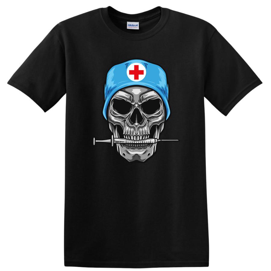 Skull Medic Nurse T Shirt Graphic Design Cool Funny Tee w/ Syringe Beanie S
