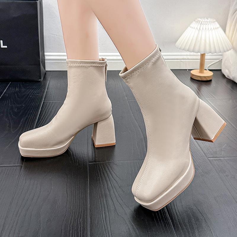 Martin Stiefel Damen Herbst und Winter neue Mode eckige Spitze europäisch und amerikanisch Retro hoher Absatz dicker Absatz Reißverschluss hinten dünne kurze Stiefel