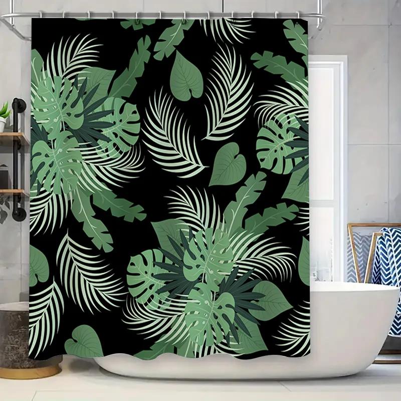 

Green Tropical Leaf Print Shower Curtain Waterproof Decorative Bathroom Hanging Cloth 72 x 84 Inch (Black White Green) W90xH180cm