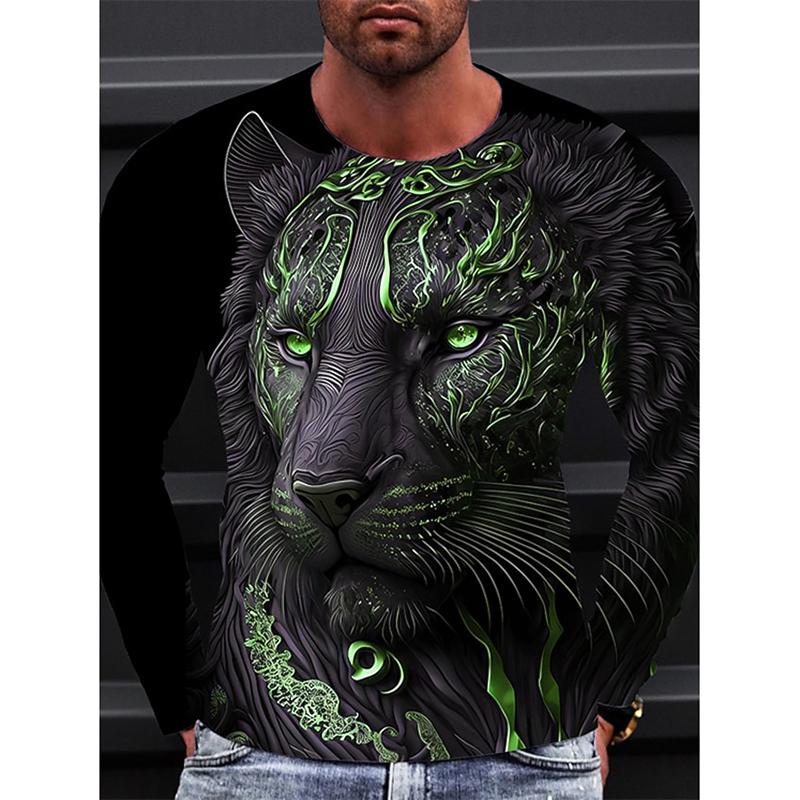 Men Long Sleeve Crewneck Print Fierce Animal Pattern Y2K Fashion Men's Shirt Long Sleeve Street Retro Style Men's Wear