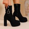 Fashion Chunky Platform Super High Heel Ankle Boots Women 2025 Winter Metal Buckle Suede Black Boots Sexy Party Nightclub Shoes Autumn